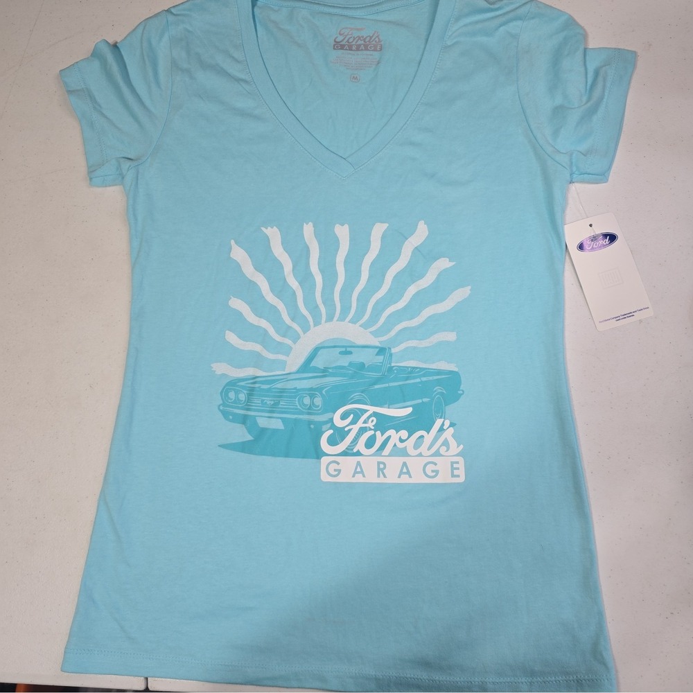 Ford's Garage Shirt Womens Medium M Blue V-Neck Short Sleeve Ford Mustang